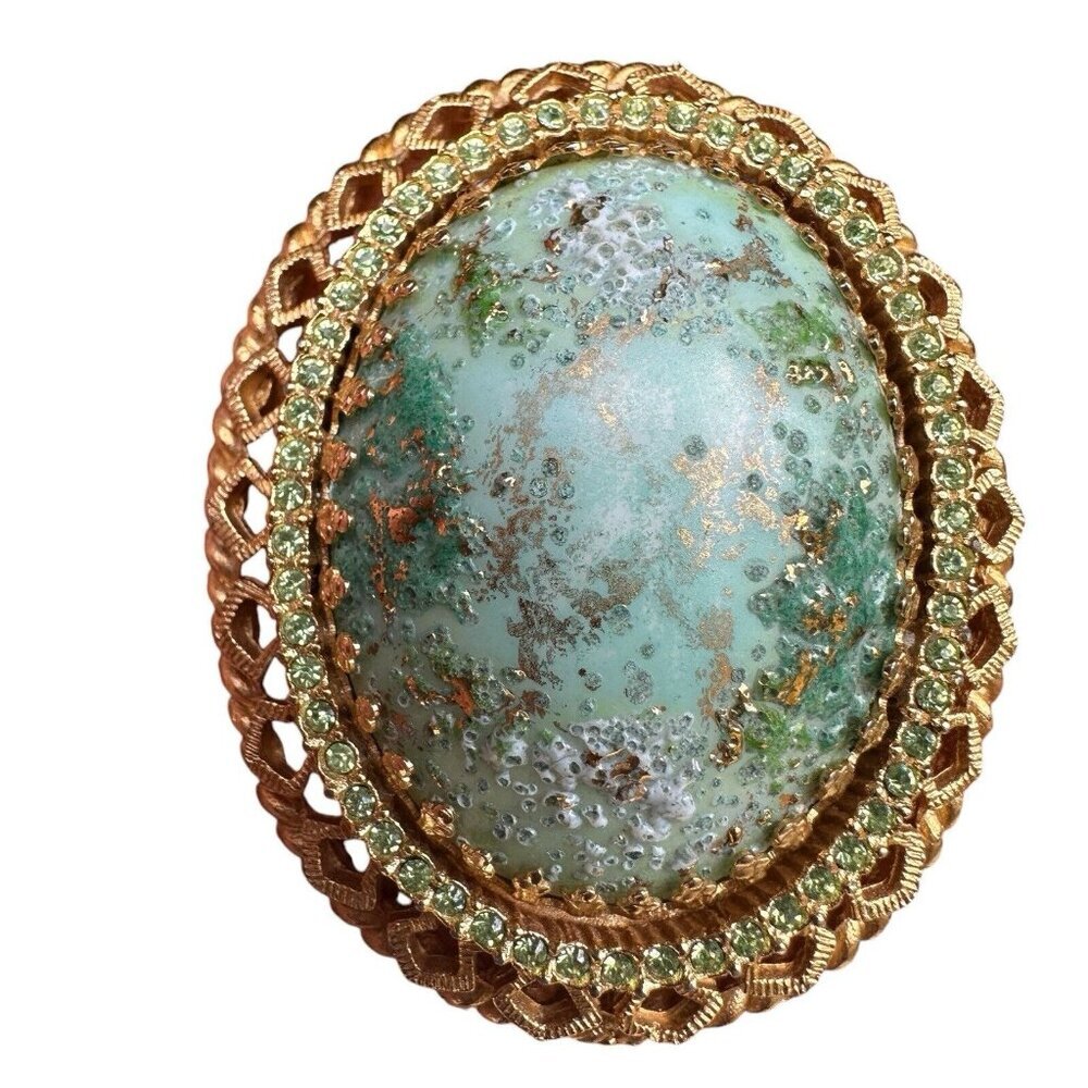 VTG DeNicola Statement Brooch 2.25 Inch‎ Green Easter Egg Cab Rhinestones Gold